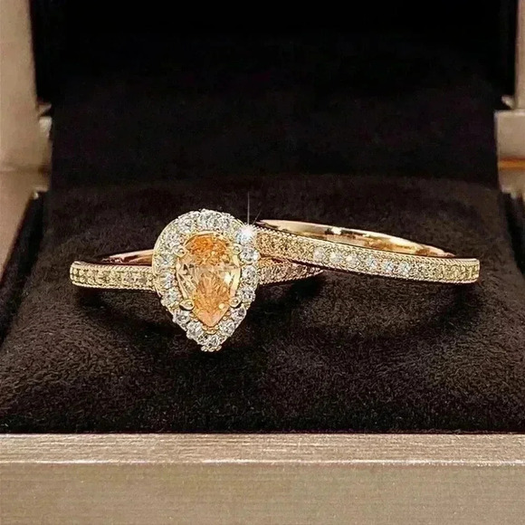 New 18k Gold Over Silver Champagne CZ 2Pc Set - Picture 1 of 7